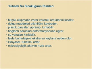 Yüksek Su Sıcaklığının Riskleri
• birçok ekipmana zarar vererek ömürlerini kısaltır,
• dolgu maddeleri etkinliğini kaybeder,
• plastik parçalar yıpranıp, kırılabilir,
• bağlantı parçaları deformasyonuna uğrar,
• su vanaları kırılabilir,
• fazla buharlaşma ekstra su kaybına neden olur,
• kimyasal tüketimi artar,
• mikrobiyolojik aktivite hızla artar.
 