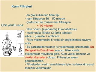 Kum Filtreleri
Çok yönlü vana
- en çok kullanılan filtre tipi
- ham filtrasyon 30 – 50 micron
- çöktürücü ile mükemmel filtrasyon
< 10 micron
- filtre ortamı (ayarlanmış kum tabakası)
- multimedia filtreler (3 farklı tabaka)
silica + granate + anthracit
- Filtre malzemesini 5 yılda bir değiştirilmesi tavsiye
edilir.
- Su şartlandırılmasının iyi yapılmadığı ortamlarda Su
Dengesinin Bozulması sonucu filtre içinde
taşlaşmalar meydana gelir. Kum yapısı bozulur ve
oluklar (kanallar) oluşur. Filtrasyon işlemi
gerçekleşmez.
- Filtrelerden verim alınabilmesi için mutlaka kimyasal
temizlik yapılmalıdır.
 