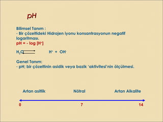 pHpH
Bilimsel Tanım :
- Bir çözeltideki Hidrojen iyonu konsantrasyonun negatif
logaritması.
pH = - log [H+
]
H2O H+
+ OH-
Genel Tanım:
- pH; bir çözeltinin asidik veya bazik ‘aktivitesi’nin ölçülmesi.
0 7 14
Artan asitlik Nötral Artan Alkalite
 