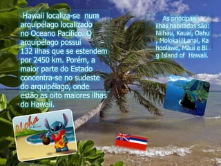Hawaii localiza-se  num arquipélago localizado no Oceano Pacífico. O arquipélago possui 132 ilhas que se estendem por 2450 km. Porém, a maior parte do Estado concentra-se no sudeste do arquipélago, onde estão as oito maiores ilhas do Hawaii. As principais ilhas habitadas são: Niihau, Kauai, Oahu, Molokai, Lanai, Kahoolawe, Maui e Big Island of  Hawaii.