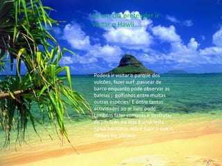 Se um dia pretender ir  visitar o Hawii….Poderá ir visitar o parque dos vulcões, fazer surf ,passear de barco enquanto pode observar as baleias ;  golfinhos entre muitas outras espécies! E entre tantas actividades ao ar livre pode também fazer compras e desfrutar de um luau ou seja é uma festa típica havaiana. Isto é tudo o que o Hawaii lhe oferece.