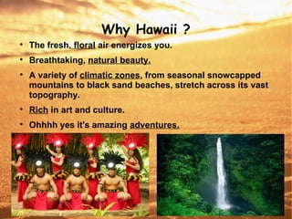 Why Hawaii ?

The fresh, floral air energizes you.

Breathtaking, natural beauty.

A variety of climatic zones, from seasonal snowcapped
mountains to black sand beaches, stretch across its vast
topography.

Rich in art and culture.

Ohhhh yes it's amazing adventures.
 