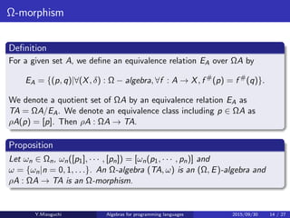 Ω-morphism
Deﬁnition
For a given set A, we deﬁne an equivalence relation EA over ΩA by
EA = {(p, q)|∀(X, δ) : Ω − algebra, ∀f : A → X, f #
(p) = f #
(q)}.
We denote a quotient set of ΩA by an equivalence relation EA as
TA = ΩA/EA. We denote an equivalence class including p ∈ ΩA as
ρA(p) = [p]. Then ρA : ΩA → TA.
Proposition
Let ωn ∈ Ωn, ωn([p1], · · · , [pn]) = [ωn(p1, · · · , pn)] and
ω = {ωn|n = 0, 1, . . .}. An Ω-algebra (TA, ω) is an (Ω, E)-algebra and
ρA : ΩA → TA is an Ω-morphism.
Y.Mizoguchi Algebras for programming languages 2015/09/30 14 / 27
 