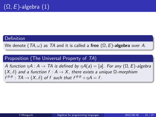 (Ω, E)-algebra (1)
Deﬁnition
We denote (TA, ω) as TA and it is called a free (Ω, E)-algebra over A.
Proposition (The Universal Property of TA)
A function ηA : A → TA is deﬁned by ηA(a) = [a]. For any (Ω, E)-algebra
(X, δ) and a function f : A → X, there exists a unique Ω-morphism
f ## : TA → (X, δ) of f such that f ## · ηA = f .
Y.Mizoguchi Algebras for programming languages 2015/09/30 15 / 27
 