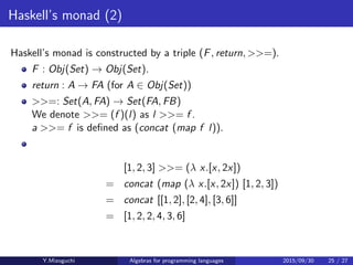 Haskell’s monad (2)
Haskell’s monad is constructed by a triple (F, return, >>=).
F : Obj(Set) → Obj(Set).
return : A → FA (for A ∈ Obj(Set))
>>=: Set(A, FA) → Set(FA, FB)
We denote >>= (f )(la) as l >>= f .
la >>= f is deﬁned as (concat (map f la)).
[1, 2, 3] >>= (λ x.[x, 2x])
= concat (map (λ x.[x, 2x]) [1, 2, 3])
= concat [[1, 2], [2, 4], [3, 6]]
= [1, 2, 2, 4, 3, 6]
Y.Mizoguchi Algebras for programming languages 2015/09/30 25 / 27
 
