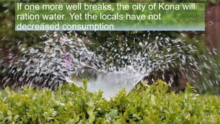 If one more well breaks, the city of Kona will
ration water. Yet the locals have not
decreased consumption
 