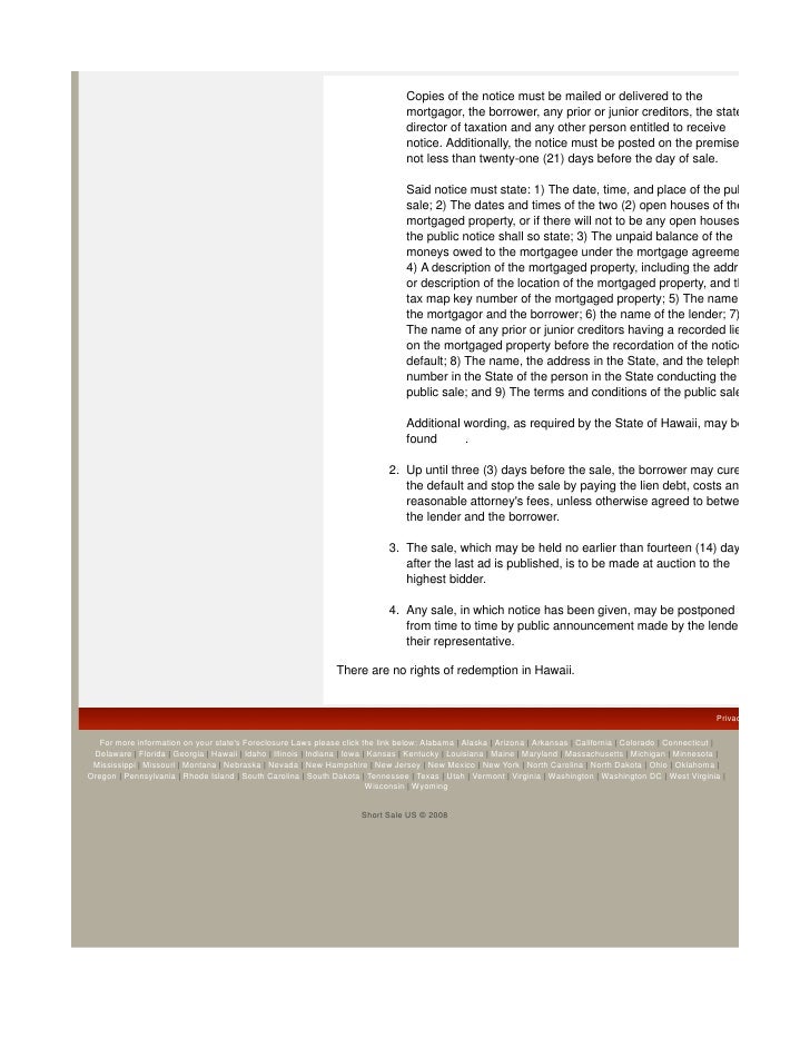 Hawaii Foreclosure Law Summary
