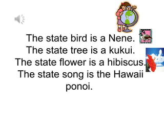 The state bird is a Nene.
The state tree is a kukui.
The state flower is a hibiscus.
The state song is the Hawaii
ponoi.
 
