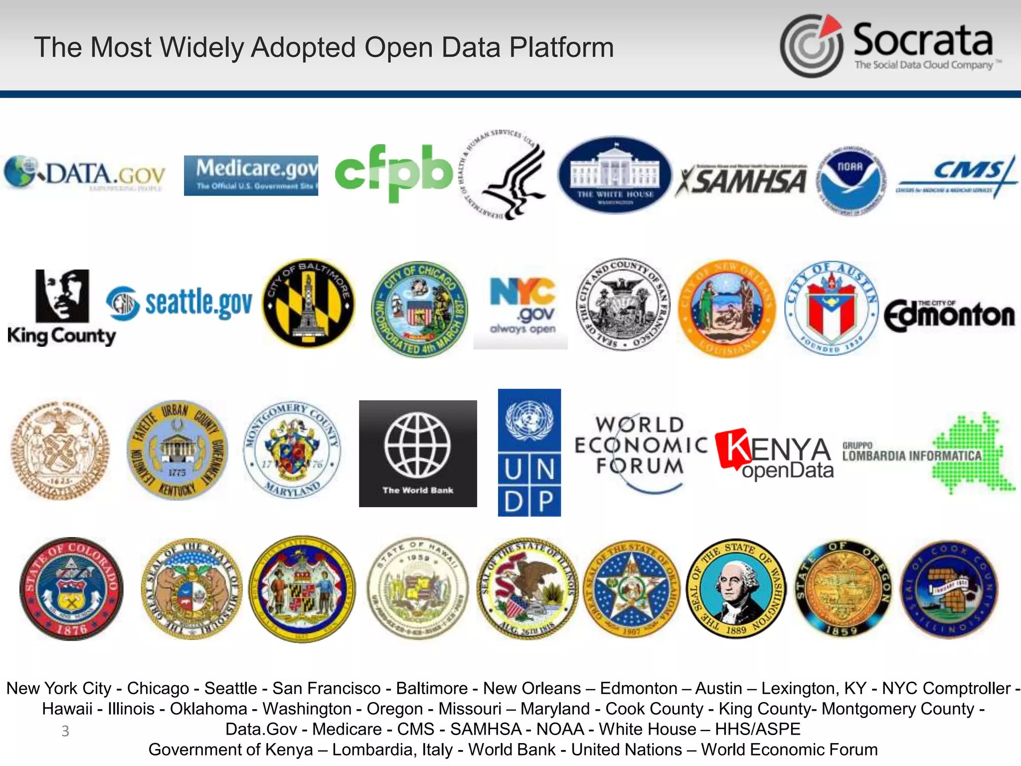 The Most Widely Adopted Open Data Platform




New York City - Chicago - Seattle - San Francisco - Baltimore - New Orleans – Edmonton – Austin – Lexington, KY - NYC Comptroller -
   Hawaii - Illinois - Oklahoma - Washington - Oregon - Missouri – Maryland - Cook County - King County- Montgomery County -
      3                      Data.Gov - Medicare - CMS - SAMHSA - NOAA - White House – HHS/ASPE
                   Government of Kenya – Lombardia, Italy - World Bank - United Nations – World Economic Forum
 