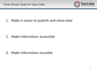 Three Simple Goals for Open Data




  1. Make it easier to publish and share data



  2. Make information accessible



  3. Make information reusable



                                                10
 