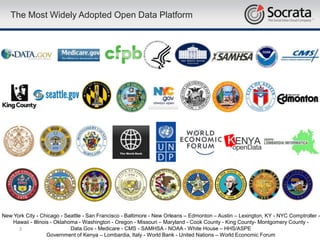 The Most Widely Adopted Open Data Platform




New York City - Chicago - Seattle - San Francisco - Baltimore - New Orleans – Edmonton – Austin – Lexington, KY - NYC Comptroller -
   Hawaii - Illinois - Oklahoma - Washington - Oregon - Missouri – Maryland - Cook County - King County- Montgomery County -
      3                      Data.Gov - Medicare - CMS - SAMHSA - NOAA - White House – HHS/ASPE
                   Government of Kenya – Lombardia, Italy - World Bank - United Nations – World Economic Forum
 