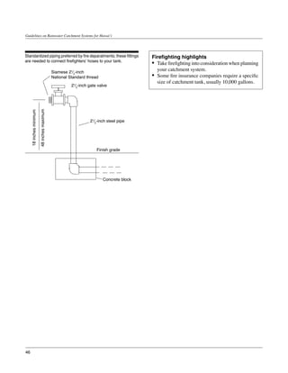 Guidelines on Rainwater Catchment Systems for Hawai‘i




Standardized piping preferred by fire deparatments; these fittings                       Firefighting highlights
are needed to connect firefighters’ hoses to your tank.
                                                                                         •	 Take firefighting into consideration when planning
                                             Siamese 21⁄2-inch
                                                                                            your catchment system.
                                             National Standard thread                    •	 Some fire insurance companies require a specific
                                                                                            size of catchment tank, usually 10,000 gallons.
                                                       21⁄2-inch gate valve
                         48 inches maximum
     18 inches minimum




                                                                 21⁄2-inch steel pipe




                                                                     Finish grade




                                                                        Concrete block




46
 