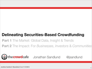 Delineating Securities-Based Crowdfunding
Part 1 The Market: Global Data, Insight & Trends
Part 2 The Impact: For Businesses, Investors & Communities
Jonathan Sandlund
Jonathan Sandlund | @jsandlund | As of 11/2/2013

@jsandlund
!1

 