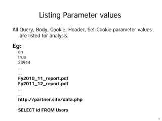 Listing Parameter values
All Query, Body, Cookie, Header, Set-Cookie parameter values
    are listed for analysis.

Eg:
  en
  true
  23944
  …
  …
  Fy2010_11_report.pdf
  Fy2011_12_report.pdf
  …
  …
  http://partner.site/data.php
  …
  SELECT id FROM Users
                                                               9
 