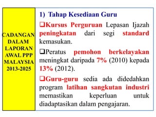 1) Tahap Kesediaan Guru
             Kursus Perguruan Lepasan Ijazah
CADANGAN     peningkatan dari segi standard
  DALAM      kemasukan.
 LAPORAN
 AWAL PPP
             Peratus pemohon berkelayakan
MALAYSIA     meningkat daripada 7% (2010) kepada
 2013-2025   13% (2012).
             Guru-guru sedia ada didedahkan
             program latihan sangkutan industri
             memastikan        keperluan     untuk
             diadaptasikan dalam pengajaran.
 
