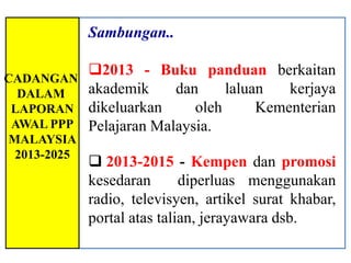 Sambungan..

          2013 - Buku panduan berkaitan
CADANGAN
  DALAM   akademik     dan     laluan   kerjaya
 LAPORAN dikeluarkan      oleh      Kementerian
 AWAL PPP Pelajaran Malaysia.
MALAYSIA
 2013-2025
              2013-2015 - Kempen dan promosi
             kesedaran       diperluas menggunakan
             radio, televisyen, artikel surat khabar,
             portal atas talian, jerayawara dsb.
 