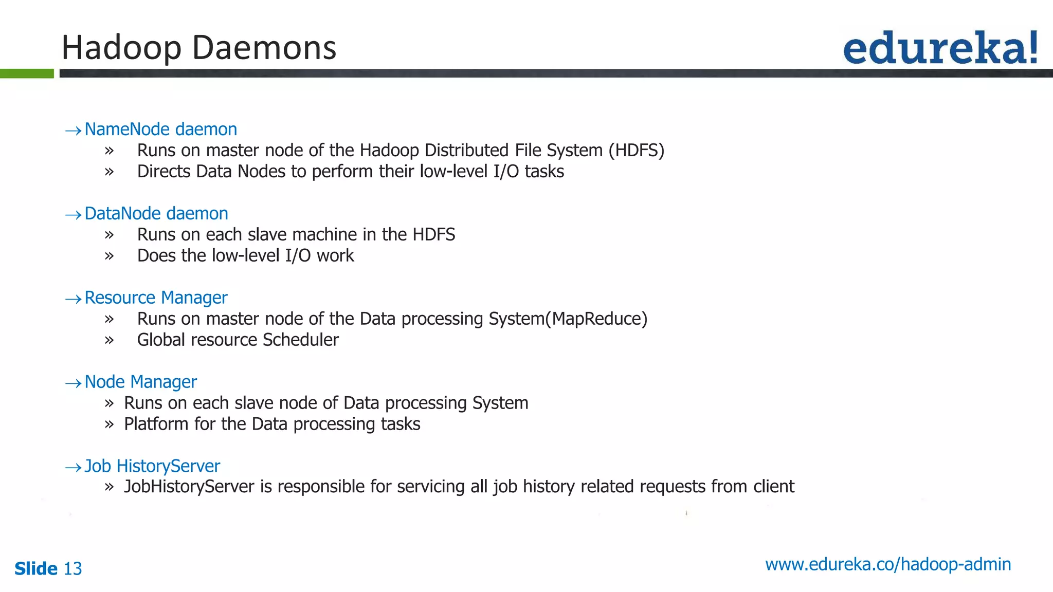 Slide 13
Hadoop Daemons
NameNode daemon
» Runs on master node of the Hadoop Distributed File System (HDFS)
» Directs Data Nodes to perform their low-level I/O tasks
DataNode daemon
» Runs on each slave machine in the HDFS
» Does the low-level I/O work
Resource Manager
» Runs on master node of the Data processing System(MapReduce)
» Global resource Scheduler
Node Manager
» Runs on each slave node of Data processing System
» Platform for the Data processing tasks
Job HistoryServer
» JobHistoryServer is responsible for servicing all job history related requests from client
www.edureka.co/hadoop-admin
 