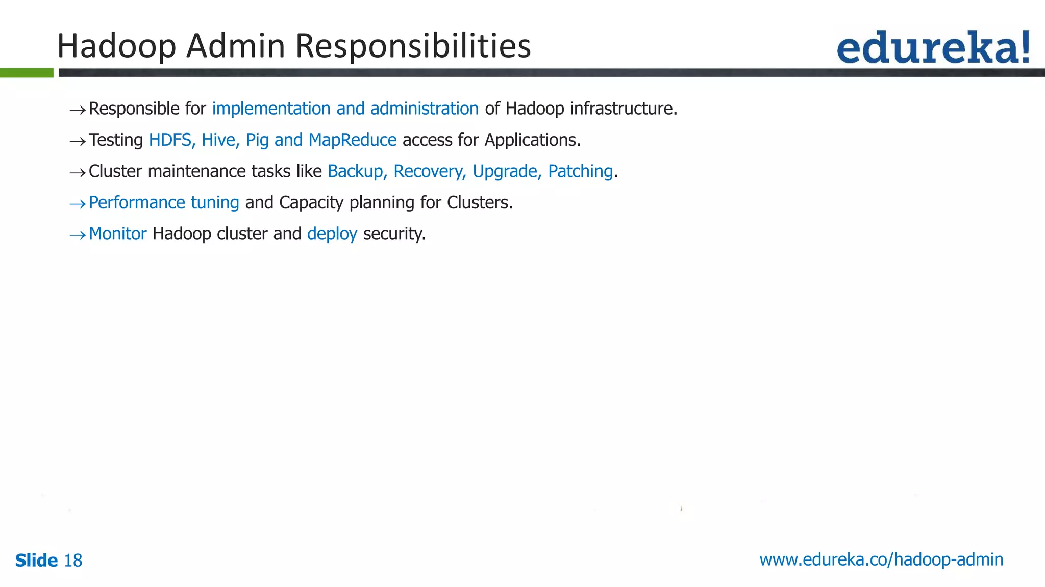 www.edureka.co/hadoop-adminSlide 18
Hadoop Admin Responsibilities
Responsible for implementation and administration of Hadoop infrastructure.
Testing HDFS, Hive, Pig and MapReduce access for Applications.
Cluster maintenance tasks like Backup, Recovery, Upgrade, Patching.
Performance tuning and Capacity planning for Clusters.
Monitor Hadoop cluster and deploy security.
 