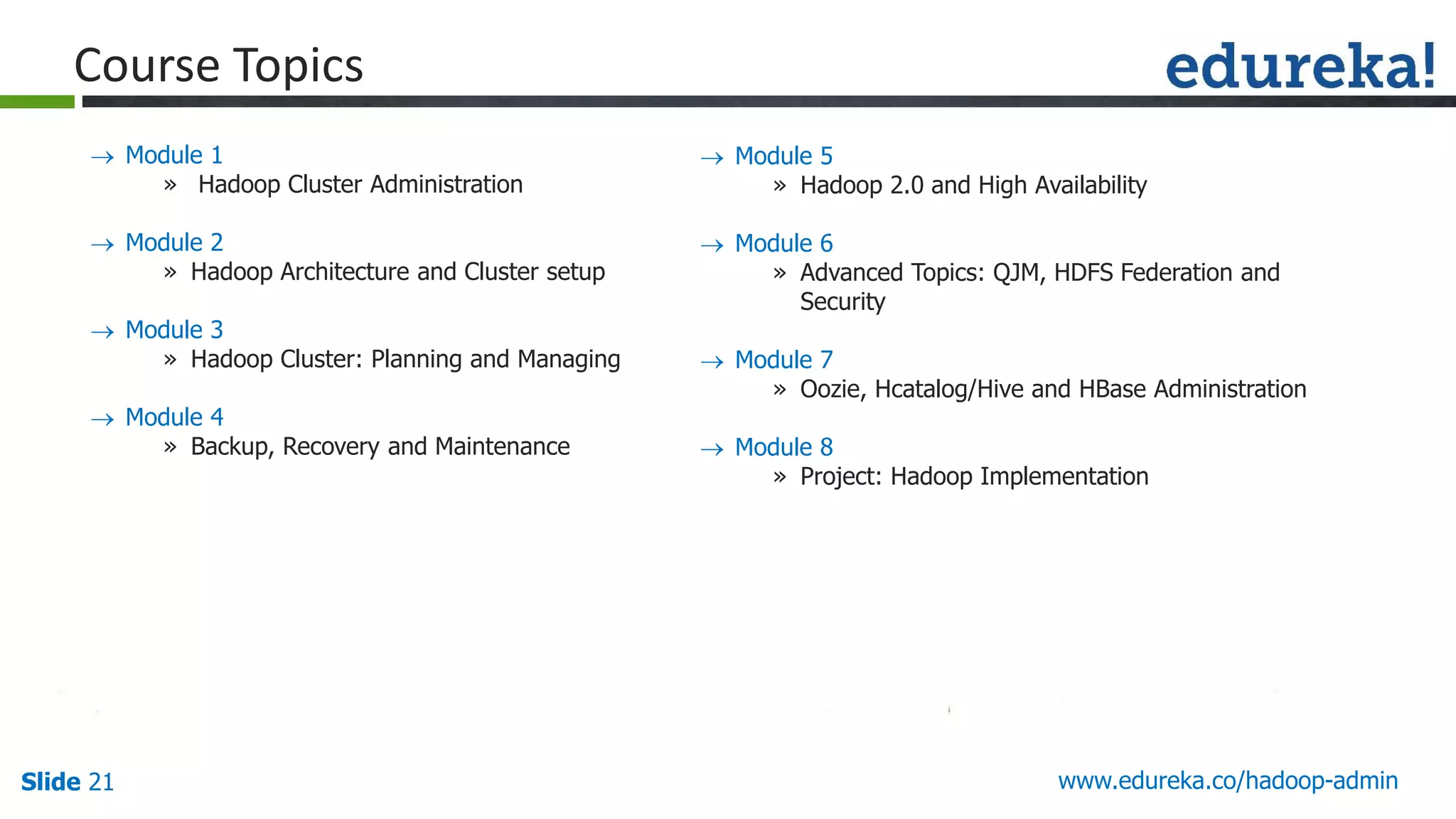 www.edureka.co/hadoop-adminSlide 21
Course Topics
 Module 1
» Hadoop Cluster Administration
 Module 2
» Hadoop Architecture and Cluster setup
 Module 3
» Hadoop Cluster: Planning and Managing
 Module 4
» Backup, Recovery and Maintenance
 Module 5
» Hadoop 2.0 and High Availability
 Module 6
» Advanced Topics: QJM, HDFS Federation and
Security
 Module 7
» Oozie, Hcatalog/Hive and HBase Administration
 Module 8
» Project: Hadoop Implementation
 