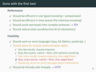 Done with the first two!
Performance
Should be efficient in size (good encoding + compression)
Should be efficient in time (avoid CPU-intensive encoding)
Should avoid overheads from complex protocols → TCP
Should reduce total roundtrip time (# of interactions)
Flexibility
Should work on most languages (Java, C#, Python, JavaScript...)
/ Should allow for various communication styles:
Fast, few results: request-response
Slow, few results: submit + fetch, with optional cancelling
/ Fast, many results: request-response, then paged fetch
 Slow, many results: submit + fetch, then paged fetch
/ Streaming: server-to-client messages (push notifications)
Should be friendly with firewalls → HTTP 26
 