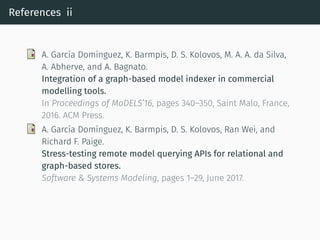 References ii
A. García Domínguez, K. Barmpis, D. S. Kolovos, M. A. A. da Silva,
A. Abherve, and A. Bagnato.
Integration of a graph-based model indexer in commercial
modelling tools.
In Proceedings of MoDELS’16, pages 340–350, Saint Malo, France,
2016. ACM Press.
A. García Domínguez, K. Barmpis, D. S. Kolovos, Ran Wei, and
Richard F. Paige.
Stress-testing remote model querying APIs for relational and
graph-based stores.
Software  Systems Modeling, pages 1–29, June 2017.
 