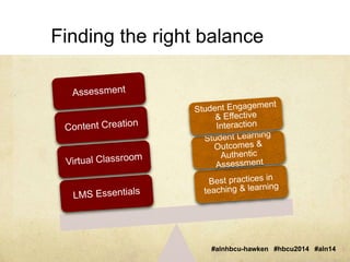 Technical Pedagogy Finding the right balance 
#alnhbcu-hawken #hbcu2014 #aln14 
 