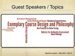 Guest Speakers / Topics 
#alnhbcu-hawken #hbcu2014 #aln14 
 