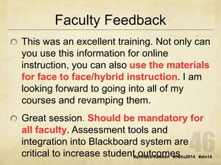 Faculty Feedback 
This was an excellent training. Not only can 
you use this information for online 
instruction, you can also use the materials 
for face to face/hybrid instruction. I am 
looking forward to going into all of my 
courses and revamping them. 
Great session. Should be mandatory for 
all faculty. Assessment tools and 
integration into Blackboard system are 
critical to increase student outcomes. 
#alnhbcu-hawken #hbcu2014 #aln14 
 