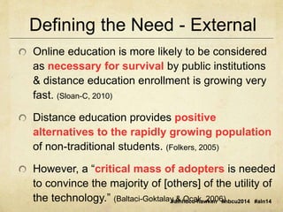 Defining the Need - External 
Online education is more likely to be considered 
as necessary for survival by public institutions 
& distance education enrollment is growing very 
fast. (Sloan-C, 2010) 
Distance education provides positive 
alternatives to the rapidly growing population 
of non-traditional students. (Folkers, 2005) 
However, a “critical mass of adopters is needed 
to convince the majority of [others] of the utility of 
the technology.” (Baltaci-Goktalay & Ocak, 2006) 
#alnhbcu-hawken #hbcu2014 #aln14 
 