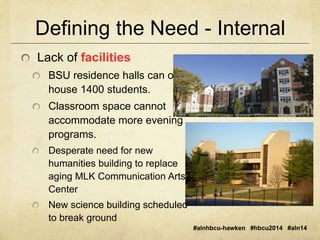 Defining the Need - Internal 
#alnhbcu-hawken #hbcu2014 #aln14 
Lack of facilities 
BSU residence halls can only 
house 1400 students. 
Classroom space cannot 
accommodate more evening 
programs. 
Desperate need for new 
humanities building to replace 
aging MLK Communication Arts 
Center 
New science building scheduled 
to break ground 
 