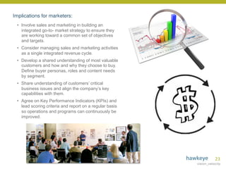 23	
  
Implications for marketers:
•  Involve sales and marketing in building an
integrated go-to- market strategy to ensure they
are working toward a common set of objectives
and targets.
•  Consider managing sales and marketing activities
as a single integrated revenue cycle.
•  Develop a shared understanding of most valuable
customers and how and why they choose to buy.
Define buyer personas, roles and content needs
by segment.
•  Share understanding of customers’ critical
business issues and align the company’s key
capabilities with them.
•  Agree on Key Performance Indicators (KPIs) and
lead scoring criteria and report on a regular basis
so operations and programs can continuously be
improved.
 