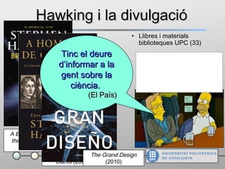 • Llibres i materials
biblioteques UPC (33)
Hawking i la divulgacióHawking i la divulgació
A Brief History of Time: From
the Big Bang to Black Holes
(1988)
On the Shoulders of
Giants (2002)
The Grand Design
(2010)
Tinc el deureTinc el deure
d’informar a lad’informar a la
gent sobre lagent sobre la
ciència.ciència.
(El País)(El País)
http://cataleg.upc.edu/search~S
1*cat?/ahawking/ahawking/1%2
C4%2C36%2CB/exact&FF=aha
wking+stephen++++
+1942&1%2C33%2C/indexsort=
-
 
