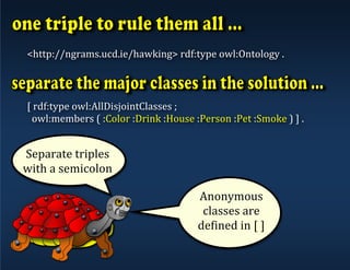 Anonymous	
classes	are	
defined	in	[	]	
	
<http://ngrams.ucd.ie/hawking>	rdf:type	owl:Ontology	.	
	
	
	
[	rdf:type	owl:AllDisjointClasses	;	
		owl:members	(	:Color	:Drink	:House	:Person	:Pet	:Smoke	)	]	.	
	
Separate	triples	
with	a	semicolon	
 