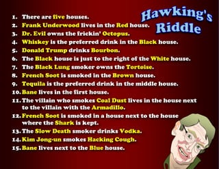 1. There are five houses.
2. Frank Underwood lives in the Red house.
3. Dr. Evil owns the frickin’ Octopus.
4. Whiskey is the preferred drink in the Black house.
5. Donald Trump drinks Bourbon.
6. The Black house is just to the right of the White house.
7. The Black Lung smoker owns the Tortoise.
8. French Soot is smoked in the Brown house.
9. Tequila is the preferred drink in the middle house.
10.Bane lives in the first house.
11.The villain who smokes Coal Dust lives in the house next
to the villain with the Armadillo.
12.French Soot is smoked in a house next to the house
where the Shark is kept.
13.The Slow Death smoker drinks Vodka.
14.Kim Jong-un smokes Hacking Cough.
15.Bane lives next to the Blue house.
	
 