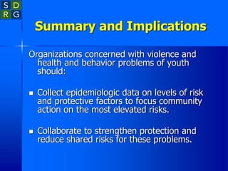 Summary and Implications
Organizations concerned with violence and
health and behavior problems of youth
should:
 Collect epidemiologic data on levels of risk
and protective factors to focus community
action on the most elevated risks.
 Collaborate to strengthen protection and
reduce shared risks for these problems.
 