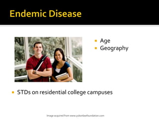    Age
                                                        Geography




   STDs on residential college campuses


               Image acquired from www.yukonlawfoundation.com
 