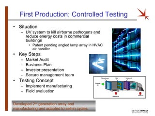 First Production: Controlled Testing Situation  UV system to kill airborne pathogens and reduce energy costs in commercial buildings Patent pending angled lamp array in HVAC air handler Key Steps Market Audit Business Plan Investor presentation Secure management team Testing Concept Implement manufacturing Field evaluation Developed 2 nd  generation array and manufacturing and adapted to sell-in cycles. 