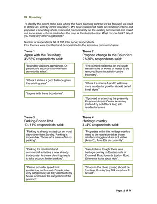 Page 15 of 74
Q2. Boundary
To identify the extent of the area where the future planning controls will be focused, we need
to define an ‘activity centre boundary’. We have considered State Government criteria and
proposed a boundary which is focused predominantly on the existing commercial and mixed
use zone areas – this is marked on the map as the dark blue line. What do you think? Would
you make any other suggestions?
Number of respondents: 88 of 191 total survey respondents.
Four themes were identified and demonstrated in the indicative comments below.
Theme 1
Agree with the Boundary
48/55% respondents said:
Theme 2:
Propose change to the Boundary
27/30% respondents said:
Theme 3
Parking/Speed limit
10 /11% respondents said:
Theme 4
Heritage overlay
4 /4% respondents said:
“Boundary appears appropriate. Of
paramount importance to maintain
community ethos”.
“I think it strikes a good balance given
the existing area”.
“I agree with these boundaries”.
“The current residential on the south
western side of Howitt St needs to be
removed from the activity centre
boundary”.
“I think it a shame A and E will have
more residential growth - should be left
I feel alone”’
“Opposed to extending the presently
Proposed Activity Centre boundary
(defined by solid black line) into
residential areas.
“Parking is already maxed out on most
days other than Sunday. Parking is
impossible. Those extra areas offer no
parking”.
“Parking for residential and
commercial activities is now already
inadequate. Any new planning needs
to take account limited parking”.
“Please consider speed limit
positioning on this spot. People drive
very dangerously as they approach my
house and leave the congestion of the
precinct”.
“Properties within the heritage overlay
need to be reconsidered as those
retailers struggle and are not viable
(Area C), Area E is ok currently”.
“I would have thought there was
heritage overlay on Eastern side of
Cromwell Road towards Luxton Road.
Otherwise looks about right”.
“Shops in the photo (cover) should be
'heritage Overlay' (eg 582 etc) Area E-
S/East”.
 