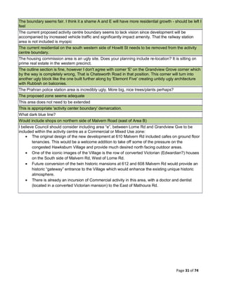 Page 31 of 74
The boundary seems fair. I think it a shame A and E will have more residential growth - should be left I
feel
The current proposed activity centre boundary seems to lack vision since development will be
accompanied by increased vehicle traffic and significantly impact amenity. That the railway station
area is not included is myopic
The current residential on the south western side of Howitt St needs to be removed from the activity
centre boundary.
The housing commission area is an ugly site. Does your planning include re-location? It is sitting on
prime real estate in the western precinct.
The outline section is fine, however I don't agree with corner 'E' on the Grandview Grove corner which
by the way is completely wrong, That is Chatsworth Road in that position. This corner will turn into
another ugly block like the one built further along by 'Elemont Five' creating untidy ugly architecture
with Rubbish on balconies.
The Prahran police station area is incredibly ugly. More big, nice trees/plants perhaps?
The proposed zone seems adequate
This area does not need to be extended
This is appropriate 'activity center boundary' demarcation.
What dark blue line?
Would include shops on northern side of Malvern Road (east of Area B)
I believe Council should consider including area “e”, between Lorne Rd and Grandview Gve to be
included within the activity centre as a Commercial or Mixed Use zone:
• The original design of the new development at 610 Malvern Rd included cafes on ground floor
tenancies. This would be a welcome addition to take off some of the pressure on the
congested Hawksburn Village and provide much desired north facing outdoor areas.
• One of the iconic images of the Village is the row of converted Victorian (Edwardian?) houses
on the South side of Malvern Rd, West of Lorne Rd.
• Future conversion of the twin historic mansions at 612 and 608 Malvern Rd would provide an
historic “gateway” entrance to the Village which would enhance the existing unique historic
atmosphere.
• There is already an incursion of Commercial activity in this area, with a doctor and dentist
(located in a converted Victorian mansion) to the East of Mathoura Rd.
 