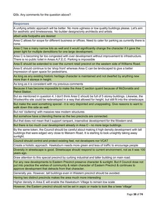 Page 38 of 74
Q5b. Any comments for the question above?
Responses
A unifying artistic approach will be better. No more ugliness or low quality buildings please. Let's aim
for aesthetic and timelessness. No builder designs/only architects and artists
albeit wide footpaths are desired
Area C allows for scope for different business or offices. Need to cater for parking as currently there is
none.
Area C has a many narrow lots as well and it would significantly change the character if it gave the
green light for multiple demolitions for one large development.
Area C is becoming far too congested with over development without improvement to infrastructure.
There is no public toilet in Areas A,F,E,C. Parking is impossible
Area E should be extended to over the current retail precinct on the western side of Williams Road.
Area E should continue to be 'shop front' whereas Area C can be landscaped to give a better
impression of open space for pedestrians.
As long as any existing historic heritage character is maintained and not dwarfed by anything new
more than 4 storeys in height.
As long as it is consistent with my previous comments
Because it has become impossible to make the Area C section quaint because of McDonalds and
Petrol Station.
But as mentioned in question 4, I don't think Area C should be full of 5 storey buildings. Likewise, the
Woolworths site could be redeveloped in a way that allowed for height, but still fit into the streetscape.
But make the west something special - it is very disjointed and unappealing. Give reasons to want to
walk down this side as well.
But not 'cluttering' with massive new modern structures
But somehow have a blending theme so the two precincts are connected.
But that does not mean that I support rampant, insensitive development for the Western end.
But there is too much over development already in Area C - no more large buildings.
By the same token, the Council should be careful about making it high density development with tall
buildings that ware edged very close to Malvern Road. It is starting to look unsightly taking away
sunlight.
Council should control and protect existing feel, not developers nor VCAT
Create a holistic approach. Hawksburn needs more green and less of traffic to encourage people
Diversity in streetscape is good. Streetscape should respond to current environment, not as it was 100
years ago.
Draw attention to this special precinct by curbing industrial and taller building on main road.
For any new developments to Eastern Precinct preserve character & sunlight. But if Council dose not
put into practice the wishes of community & retain character of Eastern Precinct & continues to
approve development that detracts from that character.
Generally yes. However, tall buildings even in Western precinct should be avoided.
Having two distinct precincts makes the area much more interesting
Higher density in Area E will enable the Hawksburn Village to remain low scale
However, the Eastern precinct should not be set in aspic or made to look like a twee 'village'
 