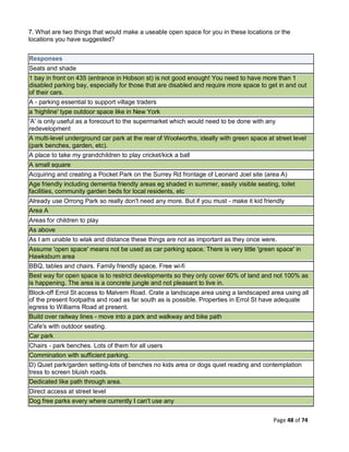 Page 48 of 74
7. What are two things that would make a useable open space for you in these locations or the
locations you have suggested?
Responses
Seats and shade
1 bay in front on 435 (entrance in Hobson st) is not good enough! You need to have more than 1
disabled parking bay, especially for those that are disabled and require more space to get in and out
of their cars.
A - parking essential to support village traders
a 'highline' type outdoor space like in New York
'A' is only useful as a forecourt to the supermarket which would need to be done with any
redevelopment
A multi-level underground car park at the rear of Woolworths, ideally with green space at street level
(park benches, garden, etc).
A place to take my grandchildren to play cricket/kick a ball
A small square
Acquiring and creating a Pocket Park on the Surrey Rd frontage of Leonard Joel site (area A)
Age friendly including dementia friendly areas eg shaded in summer, easily visible seating, toilet
facilities, community garden beds for local residents, etc
Already use Orrong Park so really don't need any more. But if you must - make it kid friendly
Area A
Areas for children to play
As above
As I am unable to wlak and distance these things are not as important as they once were.
Assume 'open space' means not be used as car parking space. There is very little 'green space' in
Hawksburn area
BBQ, tables and chairs. Family friendly space. Free wi-fi
Best way for open space is to restrict developments so they only cover 60% of land and not 100% as
is happening. The area is a concrete jungle and not pleasant to live in.
Block-off Errol St access to Malvern Road. Crate a landscape area using a landscaped area using all
of the present footpaths and road as far south as is possible. Properties in Errol St have adequate
egress to Williams Road at present.
Build over railway lines - move into a park and walkway and bike path
Cafe's with outdoor seating.
Car park
Chairs - park benches. Lots of them for all users
Commination with sufficient parking.
D) Quiet park/garden setting-lots of benches no kids area or dogs quiet reading and contemplation
tress to screen bluish roads.
Dedicated like path through area.
Direct access at street level
Dog free parks every where currently I can't use any
 