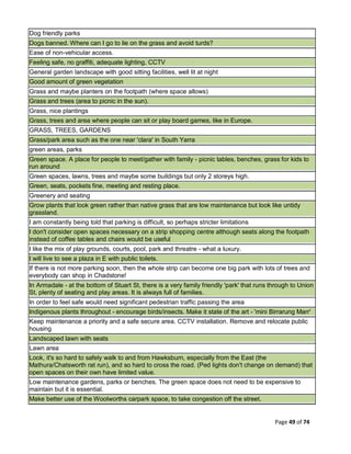 Page 49 of 74
Dog friendly parks
Dogs banned. Where can I go to lie on the grass and avoid turds?
Ease of non-vehicular access.
Feeling safe, no graffiti, adequate lighting, CCTV
General garden landscape with good sitting facilities, well lit at night
Good amount of green vegetation
Grass and maybe planters on the footpath (where space allows)
Grass and trees (area to picnic in the sun).
Grass, nice plantings
Grass, trees and area where people can sit or play board games, like in Europe.
GRASS, TREES, GARDENS
Grass/park area such as the one near 'clara' in South Yarra
green areas, parks
Green space. A place for people to meet/gather with family - picnic tables, benches, grass for kids to
run around
Green spaces, lawns, trees and maybe some buildings but only 2 storeys high.
Green, seats, pockets fine, meeting and resting place.
Greenery and seating
Grow plants that look green rather than native grass that are low maintenance but look like untidy
grassland.
I am constantly being told that parking is difficult, so perhaps stricter limitations
I don't consider open spaces necessary on a strip shopping centre although seats along the footpath
instead of coffee tables and chairs would be useful
I like the mix of play grounds, courts, pool, park and threatre - what a luxury.
I will live to see a plaza in E with public toilets.
If there is not more parking soon, then the whole strip can become one big park with lots of trees and
everybody can shop in Chadstone!
In Armadale - at the bottom of Stuart St, there is a very family friendly 'park' that runs through to Union
St, plenty of seating and play areas. It is always full of families.
In order to feel safe would need significant pedestrian traffic passing the area
Indigenous plants throughout - encourage birds/insects. Make it state of the art - 'mini Birrarung Marr'
Keep maintenance a priority and a safe secure area. CCTV installation. Remove and relocate public
housing
Landscaped lawn with seats
Lawn area
Look, it's so hard to safely walk to and from Hawksburn, especially from the East (the
Mathura/Chatsworth rat run), and so hard to cross the road. (Ped lights don't change on demand) that
open spaces on their own have limited value.
Low maintenance gardens, parks or benches. The green space does not need to be expensive to
maintain but it is essential.
Make better use of the Woolworths carpark space, to take congestion off the street.
 