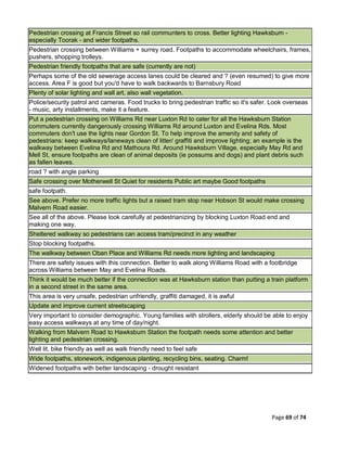 Page 69 of 74
Pedestrian crossing at Francis Street so rail communters to cross. Better lighting Hawksburn -
especially Toorak - and wider footpaths.
Pedestrian crossing between Williams + surrey road. Footpaths to accommodate wheelchairs, frames,
pushers, shopping trolleys.
Pedestrian friendly footpaths that are safe (currently are not)
Perhaps some of the old sewerage access lanes could be cleared and ? (even resumed) to give more
access. Area F is good but you'd have to walk backwards to Barnsbury Road
Plenty of solar lighting and wall art, also wall vegetation.
Police/security patrol and cameras. Food trucks to bring pedestrian traffic so it's safer. Look overseas
- music, arty installments, make it a feature.
Put a pedestrian crossing on Williams Rd near Luxton Rd to cater for all the Hawksburn Station
commuters currently dangerously crossing Williams Rd around Luxton and Evelina Rds. Most
commuters don't use the lights near Gordon St. To help improve the amenity and safety of
pedestrians: keep walkways/laneways clean of litter/ graffiti and improve lighting; an example is the
walkway between Evelina Rd and Mathoura Rd. Around Hawksburn Village, especially May Rd and
Mell St, ensure footpaths are clean of animal deposits (ie possums and dogs) and plant debris such
as fallen leaves.
road ? with angle parking
Safe crossing over Motherwell St Quiet for residents Public art maybe Good footpaths
safe footpath.
See above. Prefer no more traffic lights but a raised tram stop near Hobson St would make crossing
Malvern Road easier.
See all of the above. Please look carefully at pedestrianizing by blocking Luxton Road end and
making one way.
Sheltered walkway so pedestrians can access tram/precinct in any weather
Stop blocking footpaths.
The walkway between Oban Place and Williams Rd needs more lighting and landscaping
There are safety issues with this connection. Better to walk along Williams Road with a footbridge
across Williams between May and Evelina Roads.
Think it would be much better if the connection was at Hawksburn station than putting a train platform
in a second street in the same area.
This area is very unsafe, pedestrian unfriendly, graffiti damaged, it is awful
Update and improve current streetscaping
Very important to consider demographic. Young families with strollers, elderly should be able to enjoy
easy access walkways at any time of day/night.
Walking from Malvern Road to Hawksburn Station the footpath needs some attention and better
lighting and pedestrian crossing.
Well lit, bike friendly as well as walk friendly need to feel safe
Wide footpaths, stonework, indigenous planting, recycling bins, seating. Charm!
Widened footpaths with better landscaping - drought resistant
 