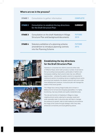 Where are we in the process?
STAGE 1 Consultation to gather information COMPLETE
STAGE 2 Consultation to establish the key directions
for the Draft Structure Plan
CURRENT
STAGE 3 Consultation on the draft Hawksburn Village
Structure Plan and background documents
FUTURE
2015
STAGE 4 Statutory exhibition of a planning scheme
amendment to introduce planning controls
into the Planning Scheme
FUTURE
2016
Establishing the key directions
for the Draft Structure Plan
Hawksburn comprises two distinct precincts either side
of Williams Road, which both provide a number of services to
the surrounding local population, particularly in fashion and
homewares retailing. Each precinct also has very different
opportunities – whereas the eastern precinct is expected to
continue to perform its existing role as a neighbourhood centre
servicing local residents, the western precinct will come under
more development pressure. A structure plan will manage the
extent of this future growth.
The Village has a strong image locally and is known in
Melbourne for its food and shopping specialities. It is highly
functioning, has busy streets and quality residential areas.
The role and function of Hawksburn Village is a large
neighbourhood centre catering for everyday needs and
wider speciality retail. A structure plan will help to manage
the pressure for growth, help to build resilience and enhance
the image of the centre through strategic infill of key sites,
enhanced connectivity and local gathering places.
 