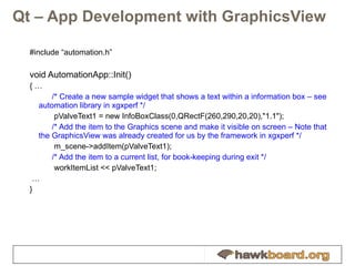 Qt – App Development with GraphicsView #include “automation.h” void AutomationApp::Init() { … /* Create a new sample widget that shows a text within a information box – see  automation library in xgxperf */   pValveText1 = new InfoBoxClass(0,QRectF(260,290,20,20),"1.1"); /* Add the item to the Graphics scene and make it visible on screen – Note that the GraphicsView was already created for us by the framework in xgxperf */   m_scene->addItem(pValveText1); /* Add the item to a current list, for book-keeping during exit */   workItemList << pValveText1; … } 