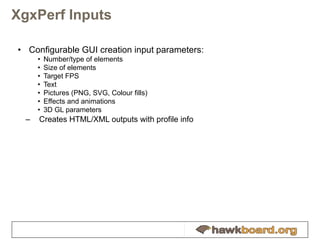 XgxPerf Inputs Configurable GUI creation input parameters: Number/type of elements Size of elements Target FPS Text Pictures (PNG, SVG, Colour fills) Effects and animations 3D GL parameters Creates HTML/XML outputs with profile info 