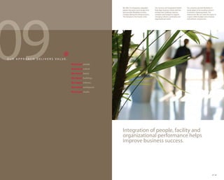 09
                                                       We offer an integrated, adaptable     Our services and Integrated Palette™   Our solutions provide flexibility to
                                                       palette that gives back design time   help align business needs with the     easily adapt to the building owner’s
                                                       and provides flexibility to make      architecture, building, interiors,     or tenant’s changing needs. The
                                                       changes during the design process.    schedule and budget to support         bottom line: We can meet the vision of
                                                       The designer is the master artist.    changing cultures, workstyles and      a space within budget and schedule,
                                                                                             organizational needs.                  and without compromise.




OUR APPROACH DELIVERS VALUE.
                               We impact people.
                               We impact culture.
                               We impact brand.
                               We impact buildings.
                               We impact interiors.
                               We impact workspaces.
                               We impact results.




                                                       Integration of people, facility and
                                                       organizational performance helps
                                                       improve business success.




                                                                                                                                                                     21 22
 