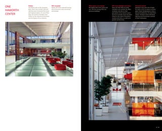 ONE       Timber.
          The ebony oak on the reception
                                                 96% recycled.
                                                 Nearly all of the materials during
                                                                                      More space. Less energy.
                                                                                      We added 20% more space and
                                                                                                                     90% have daylight and views.
                                                                                                                     View not only refers to what
                                                                                                                                                         Personal control.
                                                                                                                                                         Members may want lots of light

HAWORTH   desk, three-story timber wall and
          café bar were recovered from local
                                                 deconstruction were recovered
                                                 and reused.
                                                                                      use 10% less energy than our
                                                                                      previous building.
                                                                                                                     members see outside the office
                                                                                                                     windows, but also to their
                                                                                                                                                         for tasks or less to reduce monitor
                                                                                                                                                         glare. Room temperature is also a
          and regional waters. It’s one of the                                                                       perception of an interior space.    personal preference. To meet their
CENTER    ways we connect members and                                                                                Access to outside views has been    needs, members have individual
          visitors to the natural environment                                                                        linked to the relief of boredom,    lighting and thermostat controls
          and the legacy of our industry.                                                                            anxiety and stress, as well as to   in their workspace.
                                                                                                                     greater productivity.




                                                                                                                                                                                               41 42
 