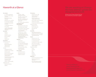 Haworth at a Glance                                                                                                       We are working to change
                                                                                                                          the way interior spaces are
Our numbers                        Quality                                   The Americas
                                                                                                                          designed and built.
   • $1+ billion in global sales      • ISO 9001—Quality                        • Experience since 1948                   We have more to share and learn from you,
   • More than 6,000 members
                                        Management Systems
                                                                                • Global headquarters—                    let us continue the conversation together.
     worldwide                        • ISO 14001—Environmental                   Holland, MI, USA
                                        Management Systems
   • More than 600 dealers                                                      • Regional headquarters—
     worldwide                        • ISO 14001—Certification and               Calgary, Alberta, Canada
                                        EMP—Haworth China and
   • Operating in 120+ countries                                                • Over 20 major market showrooms
                                        India plants
   • 55 sales offices worldwide                                                 • 248 full-service dealers
                                      • GS—German Safety certification
   • 24 manufacturing facilities                                                • Furniture and architectural interiors
                                   Sustainable product
     worldwide                                                               Production locations
                                   documentation
   • 7 sustainability objectives                                                • Michigan, USA (7)
                                      • 80 environmental data sheets
   • 6 core values                                                              • North Carolina, USA
                                      • 76 certified as low-emitting
   • 1 vision: create beautiful,                                                • Mississippi, USA
                                      • 70 calculated for carbon footprint
     effective and adaptable
     workspaces                       • 51 listed for potential LEED®           • Mexico
                                        point contributions                  Asia Pacific
Our brands
                                      • 50 BIFMA level™ certified               • Sales offices/showrooms in
   • Haworth
                                      • All major product lines for               Australia, China, Japan and Taiwan
   • comforto
                                        Haworth North America, Asia             • Production locations in Shanghai,
   • Castelli for Haworth               Pacific and Groupe Lacasse are            China and Pune, India
   • Easy by Haworth                    air-quality certified by
                                        GREENGUARD or SCS Indoor             Europe
   • Lacasse®                           Advantage Gold                          • Experience since 1910
   • United Chair®                 Inventions                                   • 24 sales/service locations
Our products                          • 250+ patents                            • 12 manufacturing sites
Architectural interiors               • First pre-wired panel                   • 18 showrooms in major markets
   • Access floors                    • First adjustable keyboard pad           • 300+ full-service dealers
   • Electrical and cabling           • First family of user-controlled         • Furniture and architectural
     support systems                    mobile furniture                          interiors supplier
   • Moveable walls                   • First plug-and-play cabling          Production locations
Furniture                             • First asymmetrical                      • France
   • Collaborative furniture            lumbar adjustment
                                                                                • Germany
   • Conference room solutions     Focus markets
                                                                                • Italy
   • Desking systems                  • Commercial interiors
                                                                                • Poland
   • Executive wood casegoods         • Educational furniture
                                                                                • Portugal
   • Freestanding filing and          • Healthcare solutions
                                                                                • Switzerland
     storage products
                                                                             Middle East
   • Freestanding wood, laminate
     and steel casegoods                                                        • Presence in the region since 1991
   • Integrated modular                                                         • Regional headquarters in
     systems furniture                                                            Dubai, UAE
   • Seating - lounge and office                                                • Key markets: Bahrain, Kuwait,
                                                                                  Lebanon, Qatar, Saudi Arabia
Collaborative tools
   • Ergonomic worktools
   • Lighting
                                                                                                                            Visit us online at:
                                                                                                                            www.haworth.com
                                                                                                                            www.haworth-asia.com
                                                                                                                            www.haworth-europe.com

                                                                                                                                                                       6 7
 