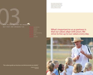 03
                                                                              We work with companies all around
                                                                              the world that have global, diverse
                                                                              workforces. Living our values is what
                                                                              matters most to us: our customers,
                                                                              members, integrity, continuous
                                                                              learning, results and our world.




O U R VA LU E S M AY N OT B E U N I Q U E ,
B U T T H E Y A R E U N I Q U E LY U S .      We value our customers.
                                              We value members.
                                                                              What’s important to us as partners is
                                                                              that our values align with yours. We
                                              We value integrity.
                                              We value continuous learning.
                                              We value results.               strive to live up to our values every day.
                                              We value our world.




                                                                                                                              Matthew Haworth, Chairman
“Our values guide our business and demonstrate our beliefs.”
                                                – Matthew Haworth
                                                         Chairman



                                                                                                                           9 10
 